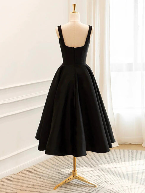 Black Satin Tea Length Straps Homecoming Dress, Simple Black Satin Prom Dress